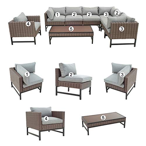 Festival Depot 8 Pieces Outdoor Furniture Patio Conversation Set Combination Sectional Corner Sofa All-Weather Woven Wicker Metal Chairs with Seating Back Cushions Side Coffee Table, Gray 