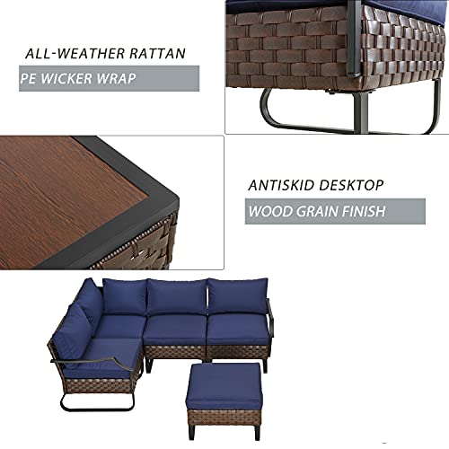 Festival Depot 5 Pieces Patio Furniture Set, All-Weather PE Rattan Wicker Metal Frame Sofa Outdoor Conversation Set Sectional Corner Couch with Cushion Ottoman and Coffee Table for Deck Poolside(Blue)