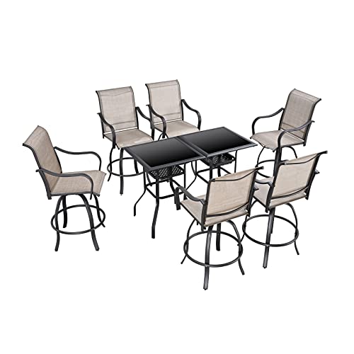 Festival Depot 3 Pcs Patio Bistro Bar Set High Stools Outdoor Furniture with 360° Swivel Armrest Chairs, Coffee Table with Tempered Glass Desktop, Metal Frame for Deck Poolside Garden Porch