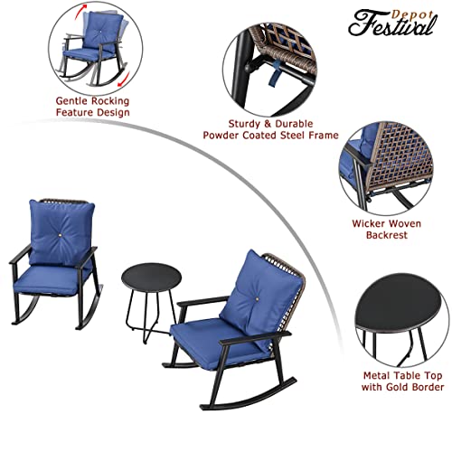 Elegant 7 Piece Outdoor Fire Pit Conversation Set with PE Wicker Rocking Chairs, Blue Cushions, and Side Tables 