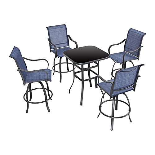 Festival Depot 5 pcs Bar Bistro Patio Outdoor Dining Furniture Sets High Stools 360° Swivel Chair with Slatted Steel Curved Armrest Coffee Table Tempered Glass Desktop (4 Chairs,1 Table)