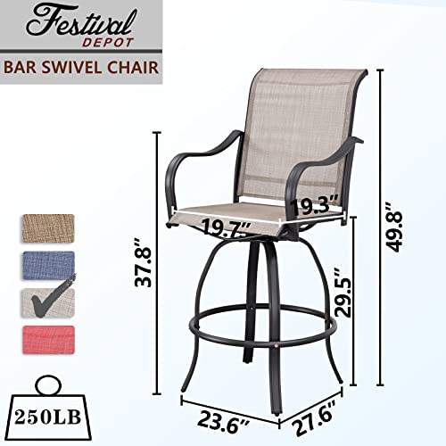 Festival Depot 8 Pcs Patio Dining Set Bar Height Stools Swivel Bistro Chairs with Armrest and Tempered Glass Top Table Metal Outdoor Furniture for Yard (6 Chairs,2 Table) (Taupe)