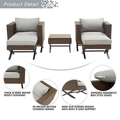 Festival Depot 5 Pieces Patio Outdoor Conversation Brown Wicker Rattan Chairs Cushions Ottomans Set Coffee Square Table Classic Metal Frame Furniture Garden Bistro Seating Grey Thick Soft Cushion 