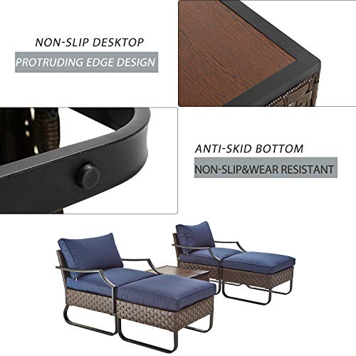 Festival Depot 5pcs Bistro Outdoor Dining Furniture Patio Set Soft Cushion Wicker Rattan Chair with Curved Armrest Ottoman Footstool Square Wood Grain Desktop Table with U Shaped Steel Leg All-Weather 