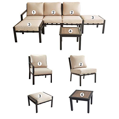 Festival Depot 6-Pieces Patio Outdoor Furniture Conversation Sets Sectional Sofa, All-Weather Black Slatted Back Chairs with Square Coffee Table, Ottoman and Removable Thick Soft Couch Cushions(Beige)