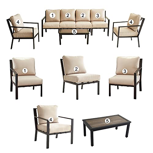 Festival Depot 7 Pieces Patio Furniture Set All-Weather Polyester Fabrics Metal Frame Sofa Outdoor Conversation Sectional Set Armrest Chair with Cushion & Coffee Table for Deck Poolside Balcony(Beige) 