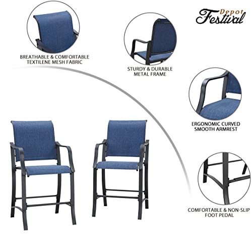 Elevated Comfort Outdoor 24.8" Counter Height Stool, Armrest Dining Chair with High Textilene Backs Metal Frame