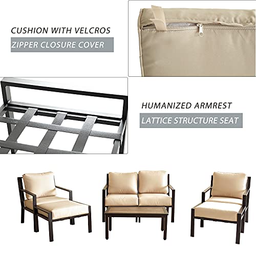 Festival Depot 7-Pieces Patio Outdoor Furniture Conversation Sets Loveseat Sectional Sofa, All-Weather Black Slatted Back Chairs with Coffee Table and Thick Soft Removable Couch Cushions(Beige) 