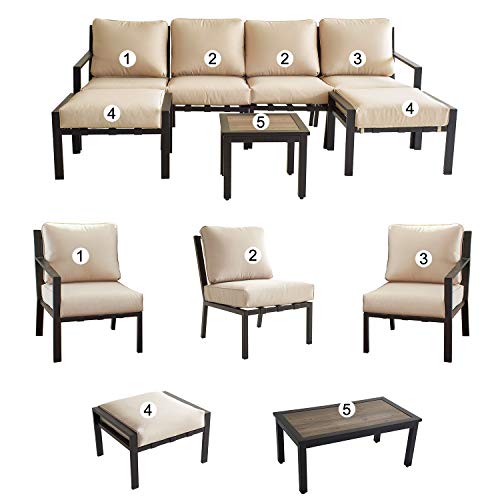 Festival Depot 7-Pieces Patio Conversation Sets Outdoor Furniture Loveseat Sectional Sofa, All-Weather Black Slatted Back Chairs with Coffee Table and Soft Removable Couch Cushions(Beige) 