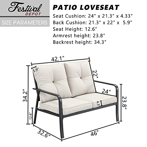 Festival Depot 1 Piece Patio Loveseat Outdoor Furniture, All-Weather 2-Seats Sofa with Curved Armrest, Metal Steel Frame and Detachable Seat & Back Cushion for Porch Balcony Deck Poolside, Beige 