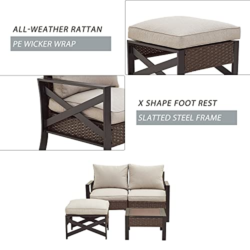 Festival Depot 4 Pieces Patio Furniture Set All-Weather Rattan Wicker Metal Frame Sofa Chair Outdoor Conversation Set Sectional Corner Couch with Cushions and Coffee Table for Deck Poolside