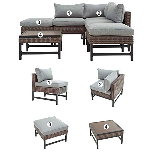 Festival Depot 6 Pieces Patio Outdoor Furniture Conversation Set Sectional Corner Sofa with Wicker Chairs, Ottomans,Coffee Side Table and Seating Thick Soft Cushion (Gray)