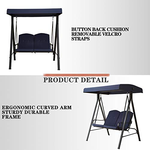 Festival Depot 2-Seats Outdoor Patio Swing Chair with Adjustable Convertible Canopy Hanging Furniture, Removable Thick Cushions, Weather Resistant Steel Frame for Balcony Poolside Deck (Blue) 