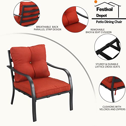 Festival Depot Patio Dining Armchair Outdoor Bistro Single Sofa with Removable Thick Cushion Metal Frame All Weather Sectional Conversation Furniture for Backyard Pool Deck Garden (Red) 