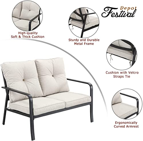 Festival Depot 4 Pcs Patio Bistro Sets Outdoor Arbitrary Combination Conversation Furniture with 1 Loveseat 2 Dining Armchairs and 1 Coffee Table for Bar Indoor Home Garden Pool Porch (Beige)