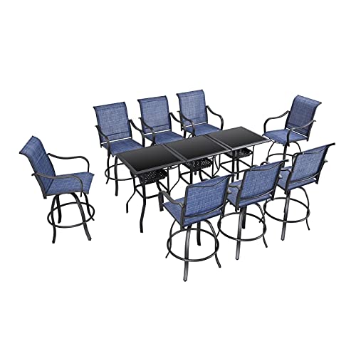 Festival Depot 3 Pcs Patio Bistro Bar Set High Stools Outdoor Furniture with 360° Swivel Armrest Chairs, Coffee Table with Tempered Glass Desktop, Metal Frame for Deck Poolside Garden Porch