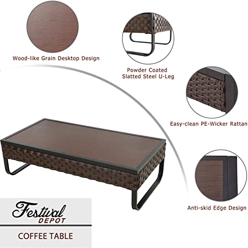 Festival Depot 1 Pcs Patio Coffee Table Rectangle Wicker Rattan Table with Wood Grain Desktop and U Shaped Legs All Weather Outdoor Furniture for Garden Bistro 47.2"(L) x 23.6"(W) x 13.7"(H) 