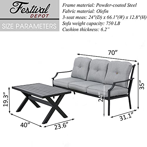 Festival Depot 2 Pcs Metal Furniture Outdoor Loveseat Patio Sofa with Coffee Table 3-Seating Outside Couch with Cushions for Deck Porch Backyard