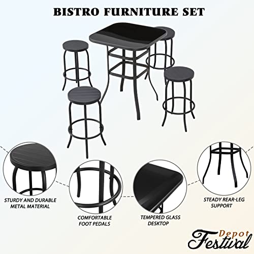 Sports Festival 5 Pcs Patio Bistro Height Set 4 Outdoor Furniture, Backless Bar Stool Chair with Round Seat, Foot Pedals and 40" Tempered Glass Desktop Metal Frame Steel Square Table for Deck Porch