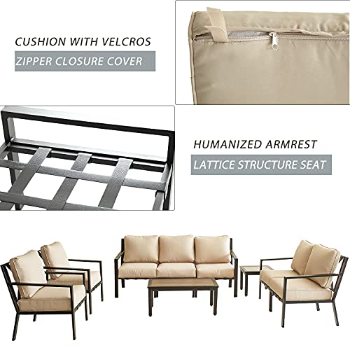 Festival Depot Outdoor Furniture Patio Conversation Sets Loveseat Armchair, All-Weather Black X Slatted Backrest Chairs with Coffee Side Table and Thick Soft Removable Couch Cushions