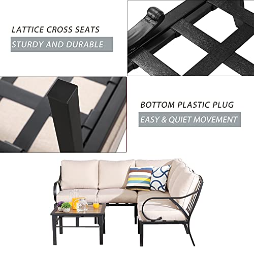 Festival Depot 6 Pcs Patio Conversation Set Sectional Corner Chair with Thick Cushions and Side Table All Weather Metal Outdoor Furniture for Deck Poolside, Beige 