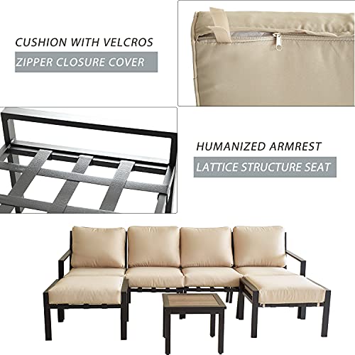 Festival Depot 7-Pieces Patio Conversation Sets Outdoor Furniture Loveseat Sectional Sofa, All-Weather Black Slatted Back Chairs with Coffee Table and Soft Removable Couch Cushions(Beige) 