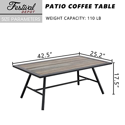 Festival Depot Patio Coffee Table Rectangle Side Table All-Weather Outdoor Furniture with Wood- Grain Desktop and Metal Frame for Porch Poolside Deck Garden (42.5" x 25.2" 17.5")