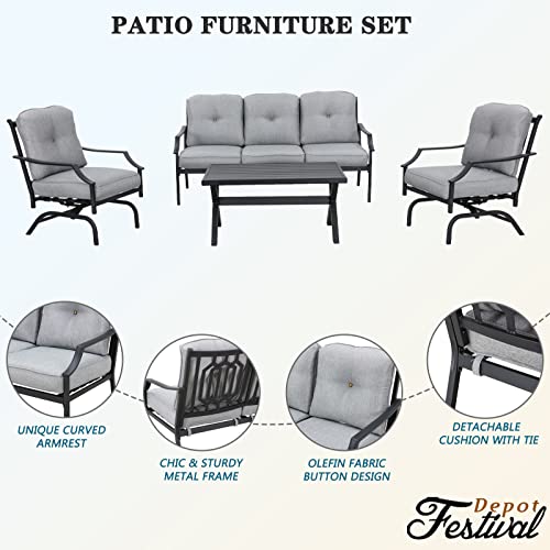 Festival Depot 4 Pieces Patio Conversation Set Outdoor Furniture Set (3-Seats Loveseat, 2 Armchairs and 1 Coffee Table) with Metal Frame and Cushions for Garden Poolside Backyard Deck