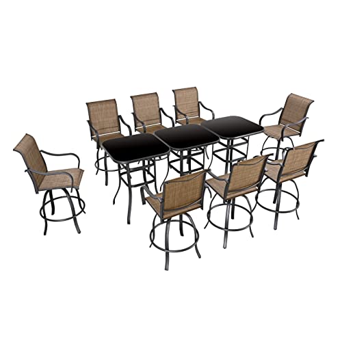 Festival Depot 11Pcs Bar Bistro Outdoor Patio Dining Furniture Sets High Stools 360° Swivel Chairs With Slatted Steel Curved Armrest Coffee Table Tempered Glass Desktop (8 Chairs,3 Table) 