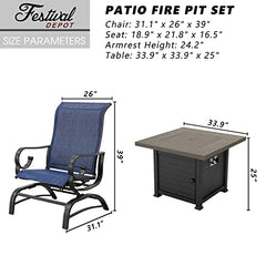 Festival Depot 5Pcs Patio Fire Pit Table Set, Outdoor Furniture Conversation Set, Propane Square Table and 4 Armchairs with High Textilene Back and Metal Frame for Backyard Porch Deck Garden (Blue)