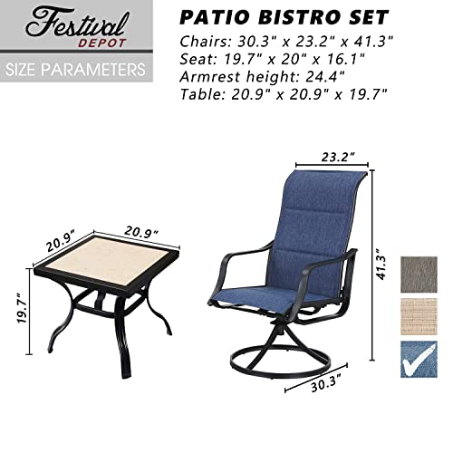 Stylish 3-Piece Outdoor 360° Swivel Armrests Dining Chairs Set with High Back Textilene Fabric and Square Coffee Table 