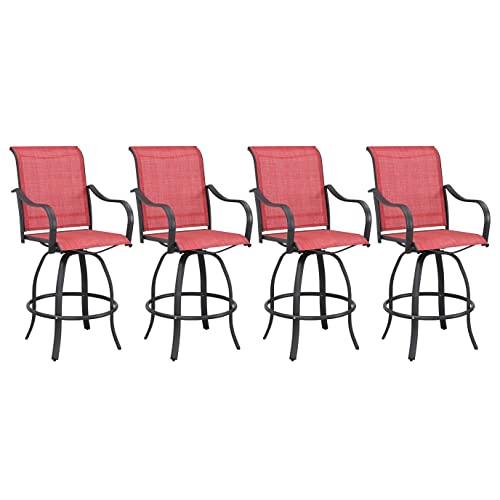 Festival Depot 4pcs Bar Bistro Patio Dining Chairs Textilene High Stools 360° Swivel Chairs with Curved Armrest and Metal Frame Outdoor Furniture for Lawn Garden Pool All-Weather(Red)