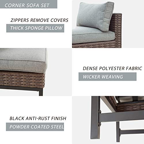 Festival Depot 3 Pieces Patio Sectional Corner Sofa Set Outdoor All-Weather Wicker Metal Chairs with Seating Back Cushions Garden Poolside (Gray) 