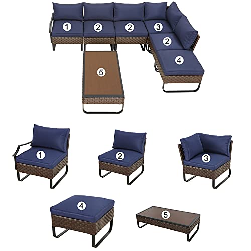 Festival Depot 7 Pieces Patio Furniture Set, All-Weather PE Rattan Wicker Metal Frame Sofa Outdoor Conversation Set Sectional Corner Couch with Cushion Ottoman and Coffee Table for Deck Poolside(Blue) 