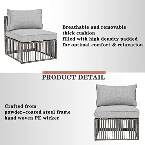 Festival Depot Wicker Patio Single Sofa, Outdoor Armless Chair, All-Weather Brown PE Rattan Couch Chair Waterproof Sectional Furniture for Balcony Garden Pool Lawn Backyard (Grey Thick Cushion) 