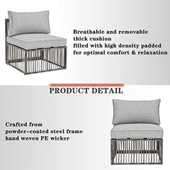 Festival Depot Wicker Patio Single Sofa, Outdoor Armless Chair, All-Weather Brown PE Rattan Couch Chair Waterproof Sectional Furniture for Balcony Garden Pool Lawn Backyard (Grey Thick Cushion)