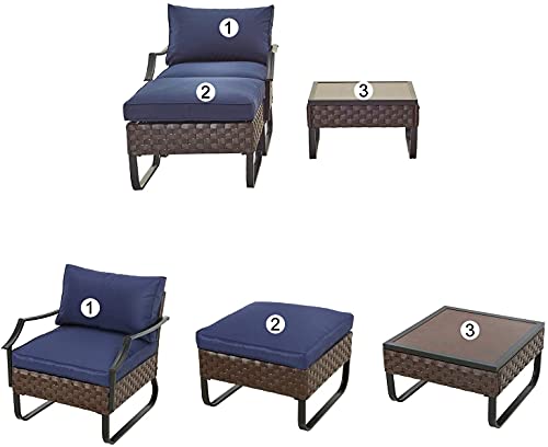 Festival Depot 3 Pieces Patio Furniture Set, All-Weather PE Rattan Wicker Metal Frame Sofa Outdoor Conversation Set Sectional Couch with Cushion Ottoman and Coffee Table for Deck Poolside (Blue)