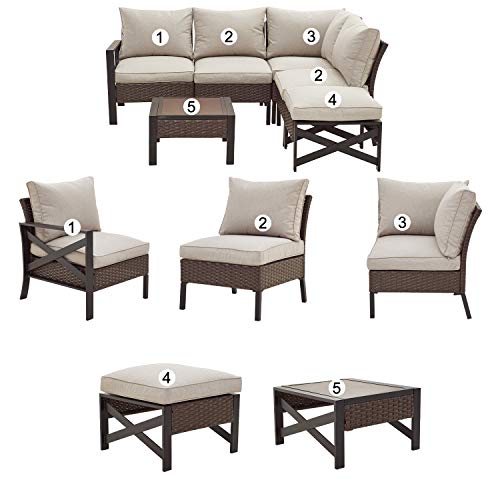 Festival Depot 6 Pieces Patio Conversation Set Outdoor Furniture Sectional Corner Sofa with All-Weather Brown Wicker Back Chair, Coffee Table, Ottoman and Thick Soft Removable Couch Cushions