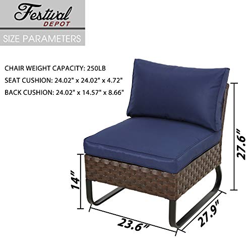 Festival Depot Dining Outdoor Patio Bistro Furniture Armless Section Chairs Wicker Rattan Premium Fabric Soft & Deep Cushions with Side U Shaped Slatted Steel Legs for Garden Yard Poolside All-Weather