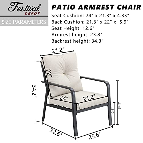 Festival Depot Patio Bistro Dining Chairs Outdoor Furniture with Curved Armrest, Metal Steel Frame and Detachable Seat & Back Cushion for Porch Balcony Deck Poolside, Beige