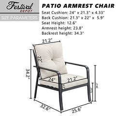 Festival Depot Patio Bistro Dining Chairs Outdoor Furniture with Curved Armrest, Metal Steel Frame and Detachable Seat & Back Cushion for Porch Balcony Deck Poolside, Beige