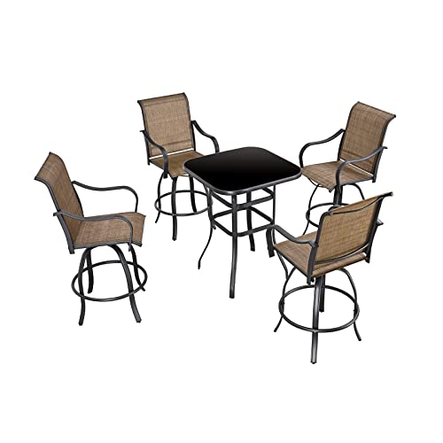 Festival Depot 5 pcs Bar Bistro Patio Outdoor Dining Furniture Sets High Stools 360° Swivel Chair with Slatted Steel Curved Armrest Coffee Table Tempered Glass Desktop (4 Chairs,1 Table)