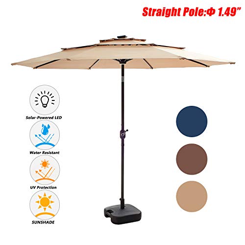 Festival Depot 9.8ft Outdoor Patio 3 Tiers Ventilation Market Aluminum Umbrella Button Tilt Easy Crank Center Light 8 Solar Powered LED Lights Bars All-Weather