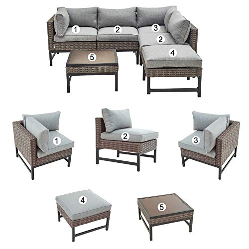 Festival Depot 6 Pieces Patio Outdoor Furniture Conversation Sets Chairs Sectional Corner Sofa, All-Weather Black Slatted Back with Coffee Square Table and Thick Soft Removable Couch Cushions (Grey) 