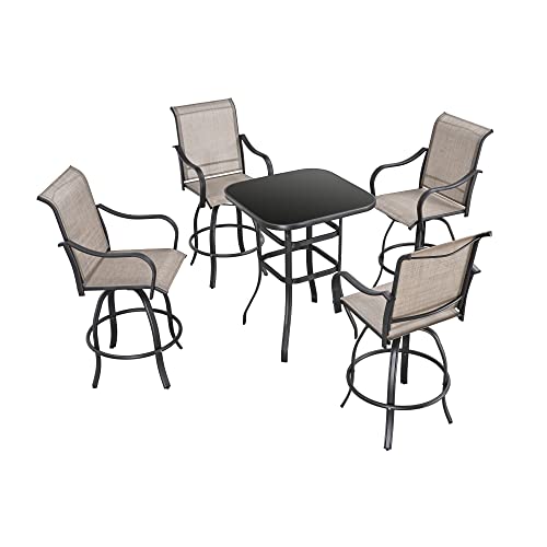 Festival Depot 5 pcs Bar Bistro Patio Outdoor Dining Furniture Sets High Stools 360° Swivel Chair with Slatted Steel Curved Armrest Coffee Table Tempered Glass Desktop (4 Chairs,1 Table)