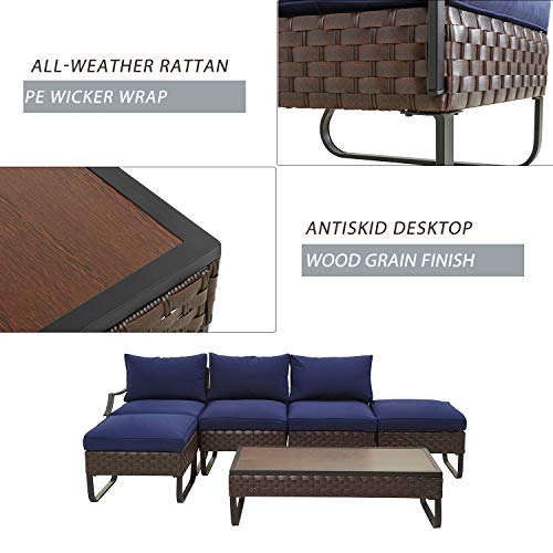 Festival Depot 6 Pieces Patio Conversation Sets Outdoor Furniture Sectional Sofa with All-Weather PE Rattan Wicker Back Chair, Coffee Table, Ottoman and Thick Soft Removable Couch Cushions (Blue) 