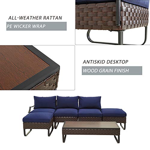 Festival Depot 6 Pieces Patio Conversation Sets Outdoor Furniture Sectional Sofa with All-Weather PE Rattan Wicker Back Chair, Coffee Table, Ottoman and Thick Soft Removable Couch Cushions (Blue)