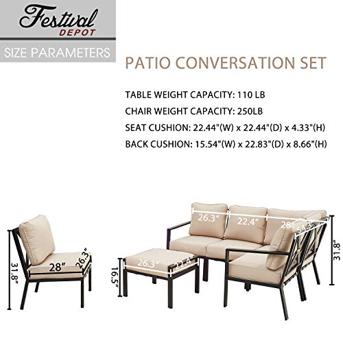 Festival Depot 6 Pieces Patio Outdoor Furniture Conversation Sets Sectional Corner Sofa, All-Weather Black X Shaped Slatted Back Chairs with Ottoman and Thick Soft Removable Couch Cushions (Beige)