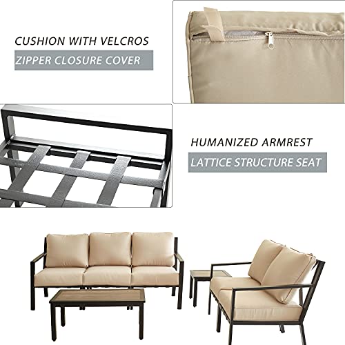 Festival Depot 7-Pieces Patio Outdoor Furniture Conversation Sets Loveseat Sectional Sofa, All-Weather Black Slatted Back Chairs with Coffee Side Table and Thick Soft Removable Couch Cushions (Beige)