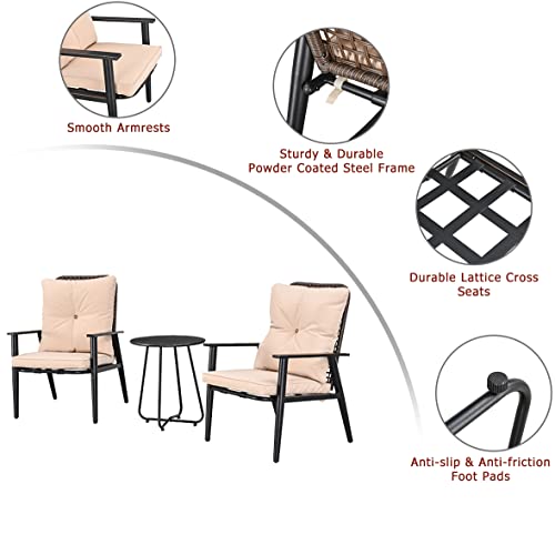 Festival Depot 3 Pcs Patio Bistro Set PE Wicker Conversation Set, Outdoor Furniture Armchairs with Cushions Metal Side Coffee Table for Backyard Porch Balcony Outside Poolside Lawn (Khaki) 